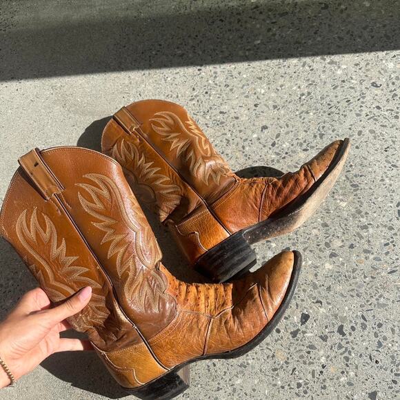 Justin Boots Men’s 9 Boots Orange & Brown Ostrich Leather Western Cowboy - Picture 2 of 4
